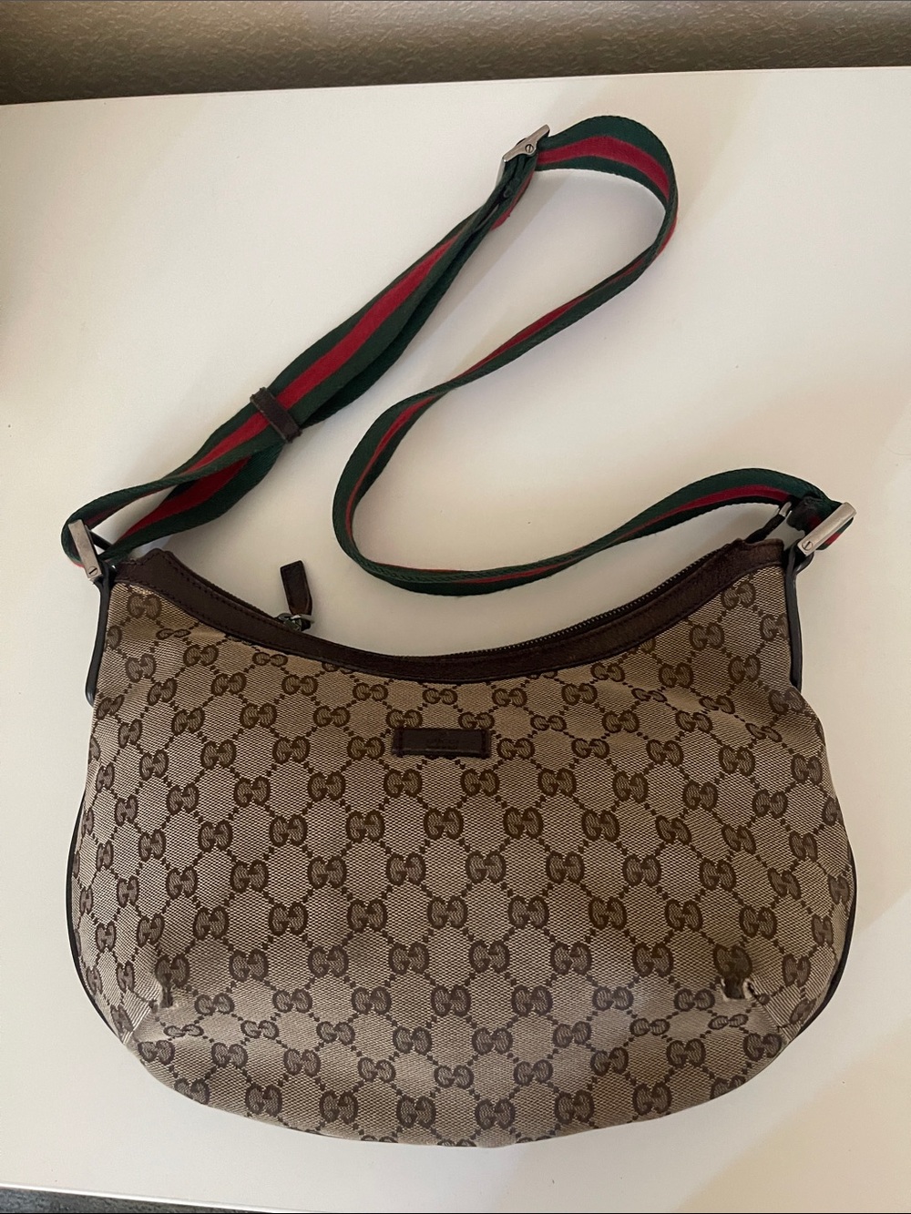 Gucci Beige/Brown GG Canvas Hobo with Green and Red Web Strap